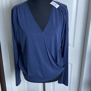 LOFT Women’s Top V-Neck Faux Wrap Blue sz L NWT
